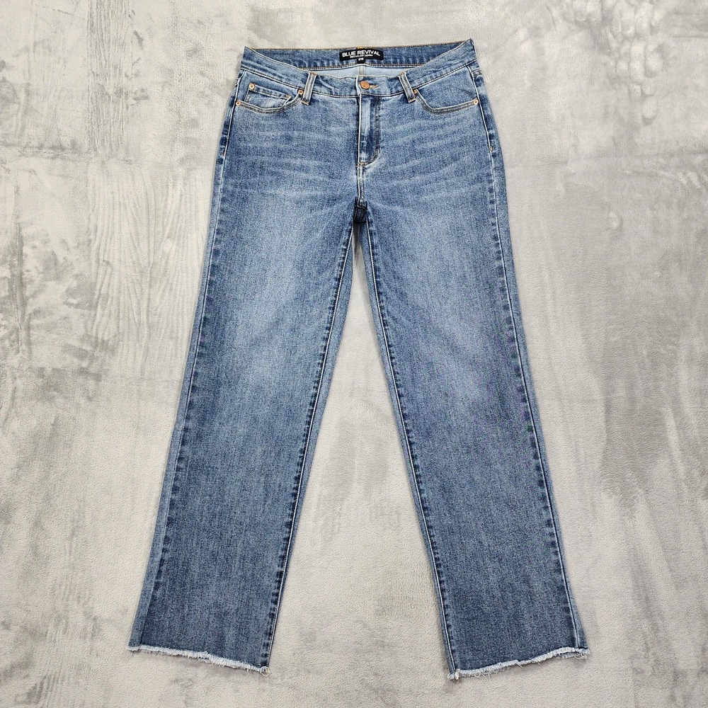 Blue Revival Jeans Womens 28 Blue Mid Rise Straight Frayed Hem Stretch‎ Denim